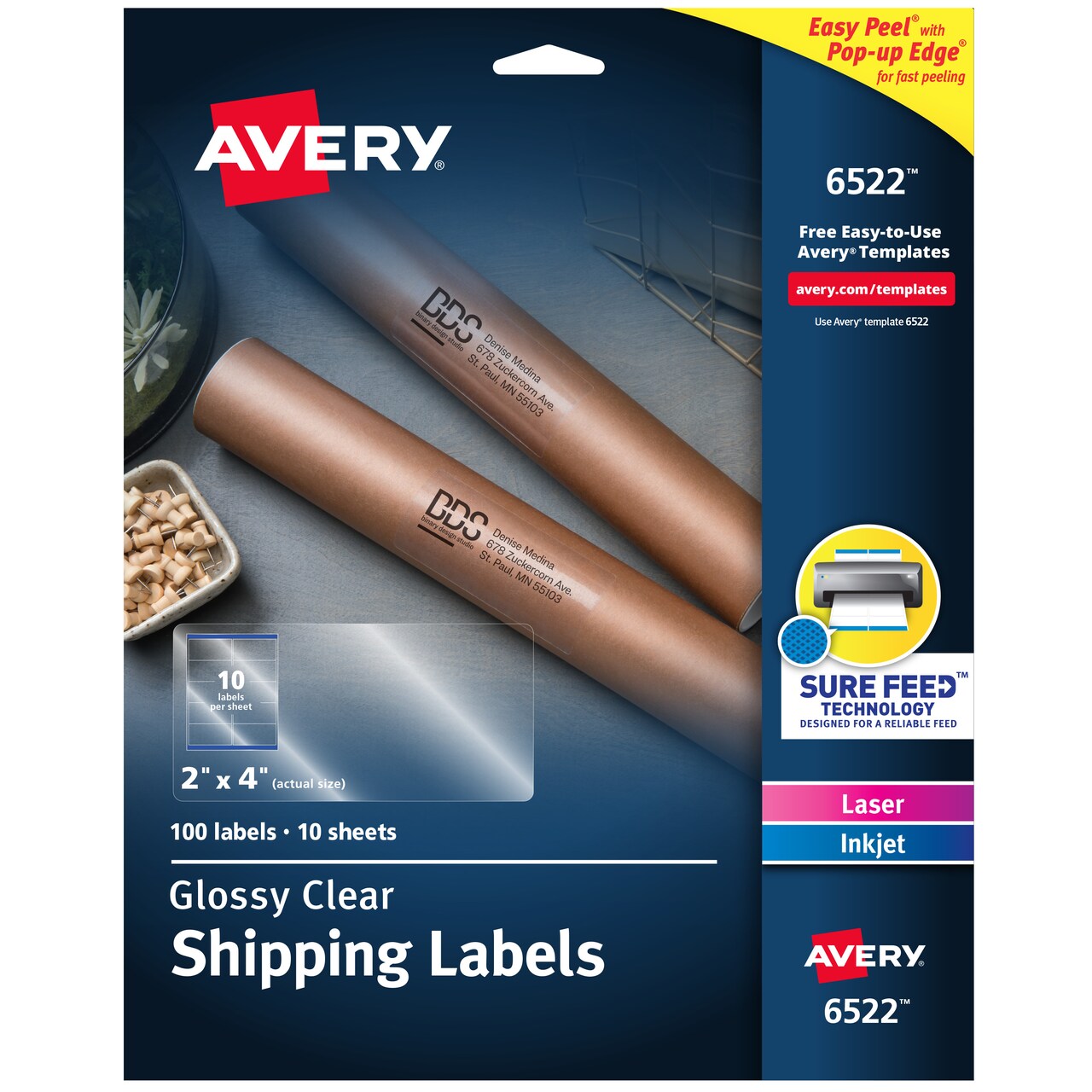 Avery Glossy Clear Shipping Labels, Sure Feed Technology, Laser/Inkjet, 2" x 4", 100 Labels (6522)